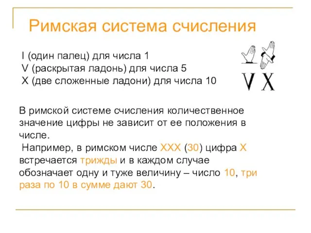 Римская система счисления I (один палец) для числа 1 V (раскрытая