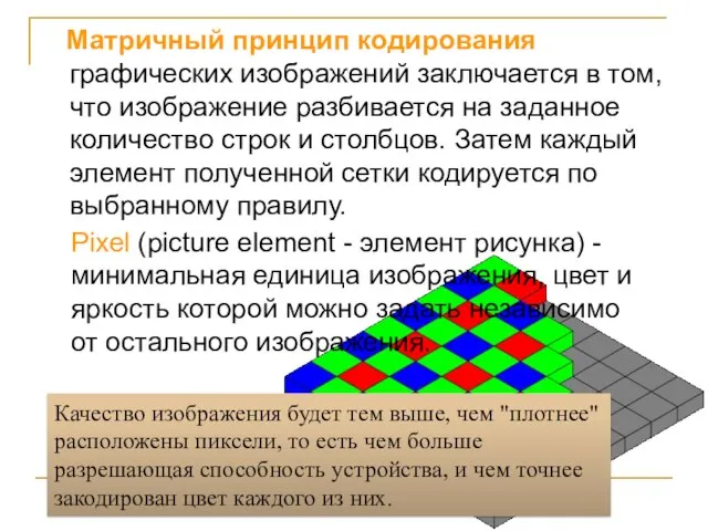 Матричный принцип кодирования графических изображений заключается в том, что изображение разбивается