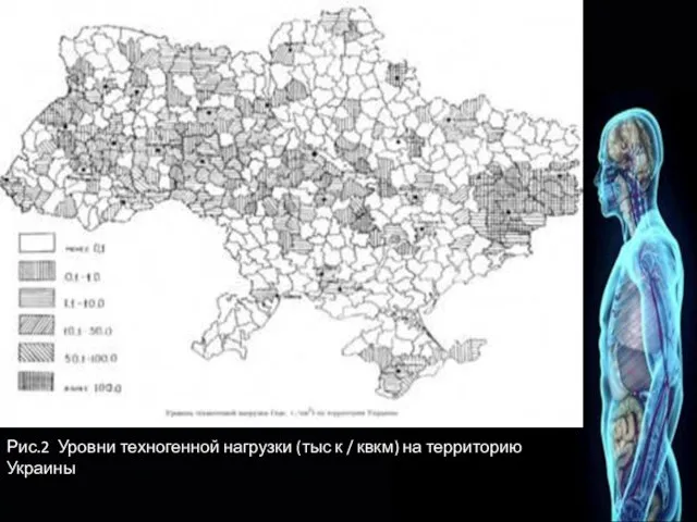 Рис.2 Уровни техногенной нагрузки (тыс к / квкм) на территорию Украины