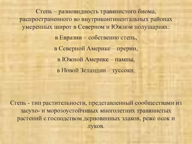 Степь – разновидность травянистого биома, распространенного во внутриконтинентальных районах умеренных широт