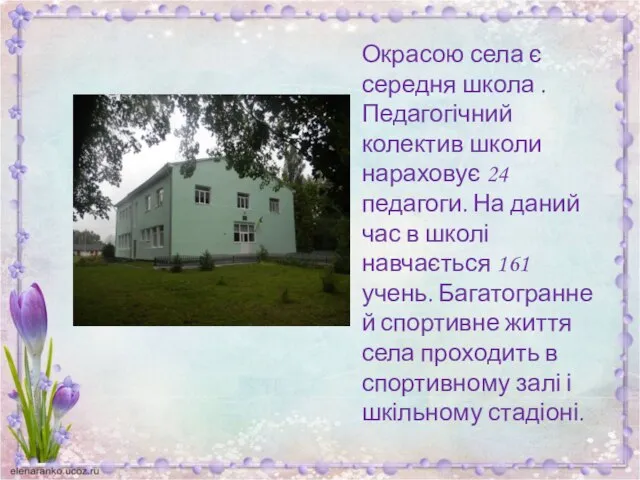 Окрасою села є середня школа . Педагогічний колектив школи нараховує 24