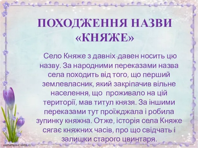 ПОХОДЖЕННЯ НАЗВИ «КНЯЖЕ» Село Княже з давніх-давен носить цю назву. За