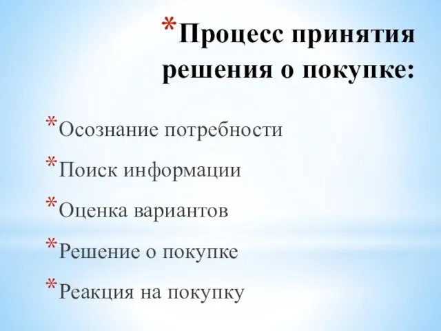 Процесс принятия решения о покупке: Осознание потребности Поиск информации Оценка вариантов