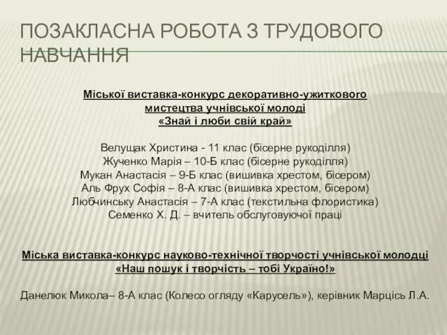 Позакласна робота з трудового навчання Міської виставка-конкурс декоративно-ужиткового мистецтва учнівської молоді