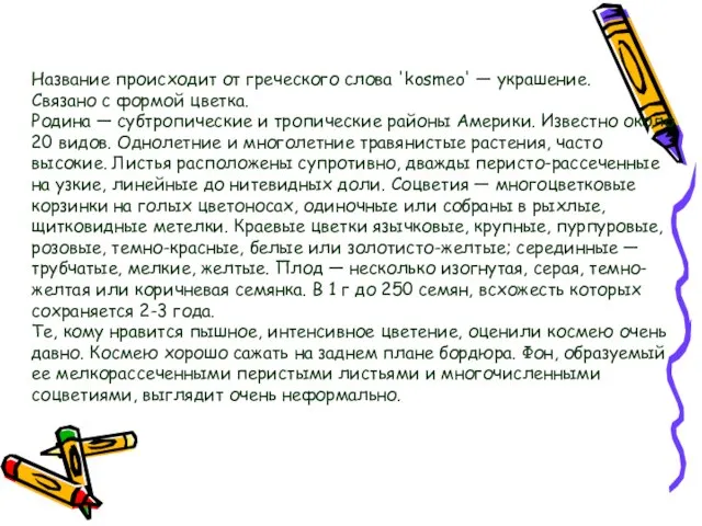 Название происходит от греческого слова 'kosmeo' — украшение. Связано с формой