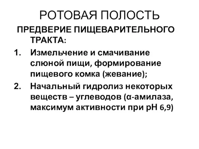 РОТОВАЯ ПОЛОСТЬ ПРЕДВЕРИЕ ПИЩЕВАРИТЕЛЬНОГО ТРАКТА: Измельчение и смачивание слюной пищи, формирование