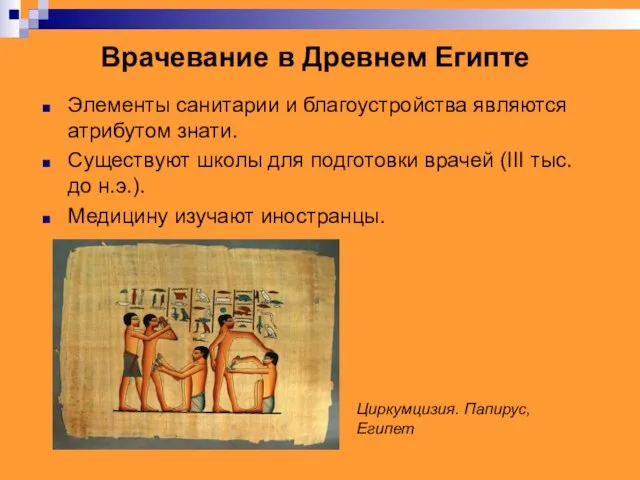 Врачевание в Древнем Египте Элементы санитарии и благоустройства являются атрибутом знати.
