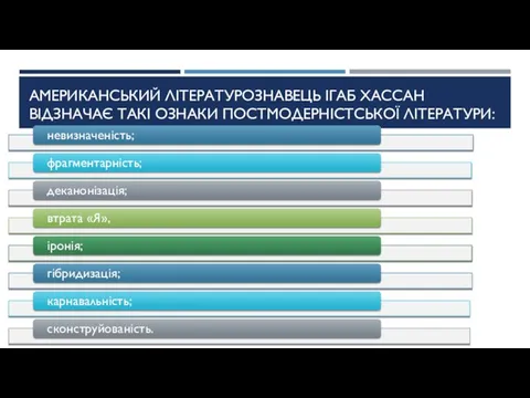 Американський літературознавець Ігаб Хассан відзначає такі ознаки постмодерністської літератури: