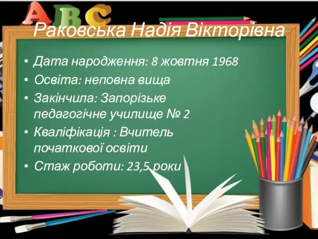 Раковська Надія Вікторівна Дата народження: 8 жовтня 1968 Освіта: неповна вища