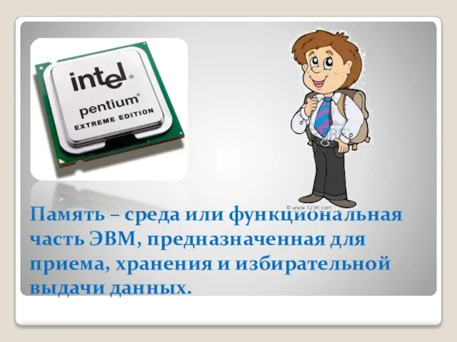 Память – среда или функциональная часть ЭВМ, предназначенная для приема, хранения и избирательной выдачи данных.