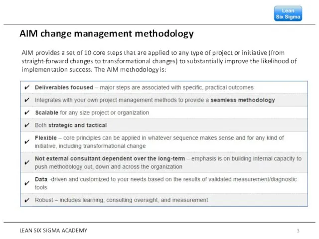 LEAN SIX SIGMA ACADEMY AIM change management methodology AIM provides a