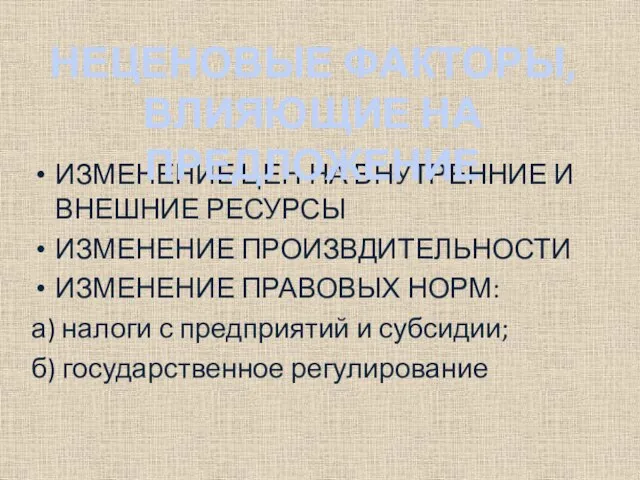 ИЗМЕНЕНИЕ ЦЕН НА ВНУТРЕННИЕ И ВНЕШНИЕ РЕСУРСЫ ИЗМЕНЕНИЕ ПРОИЗВДИТЕЛЬНОСТИ ИЗМЕНЕНИЕ ПРАВОВЫХ