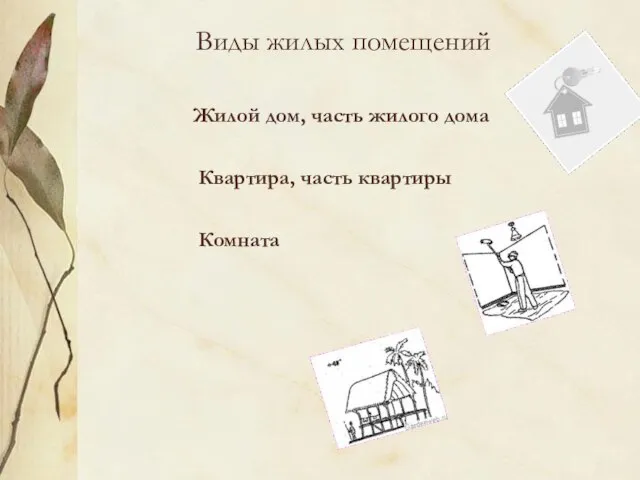 Виды жилых помещений Жилой дом, часть жилого дома Квартира, часть квартиры Комната