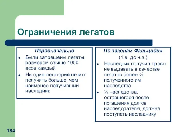 Ограничения легатов Первоначально Были запрещены легаты размером свыше 1000 асов каждый