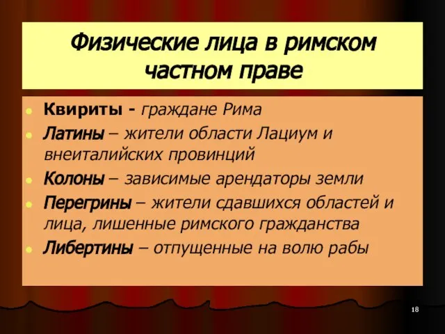 Физические лица в римском частном праве Квириты - граждане Рима Латины