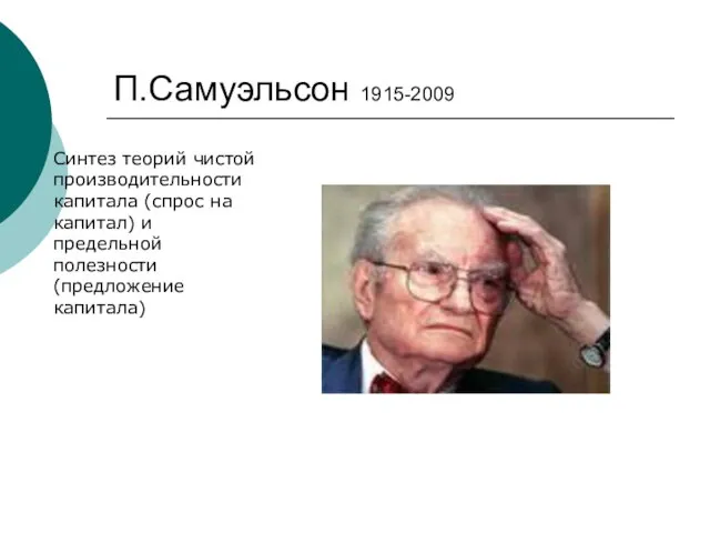 П.Самуэльсон 1915-2009 Синтез теорий чистой производительности капитала (спрос на капитал) и предельной полезности (предложение капитала)