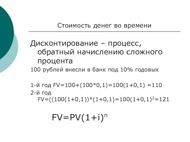 Стоимость денег во времени Дисконтирование – процесс, обратный начислению сложного процента