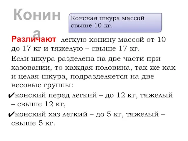 Конина Различают легкую конину массой от 10 до 17 кг и