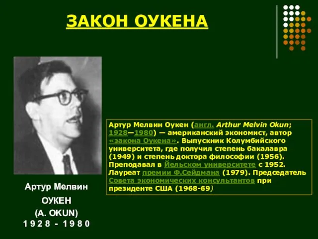 ЗАКОН ОУКЕНА Артур Мелвин Оукен (англ. Arthur Melvin Okun; 1928—1980) —