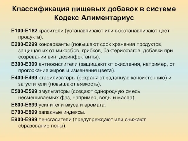 Классификация пищевых добавок в системе Кодекс Алиментариус Е100-Е182 красители (устанавливают или