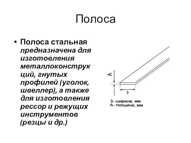 Полоса Полоса стальная предназначена для изготовления металлоконструкций, гнутых профилей (уголок, швеллер),