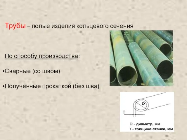 Трубы – полые изделия кольцевого сечения По способу производства: Сварные (со швом) Полученные прокаткой (без шва)