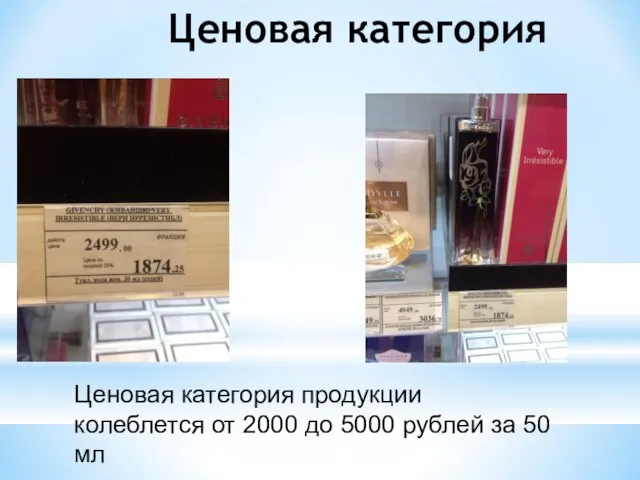 Ценовая категория Ценовая категория продукции колеблется от 2000 до 5000 рублей за 50 мл
