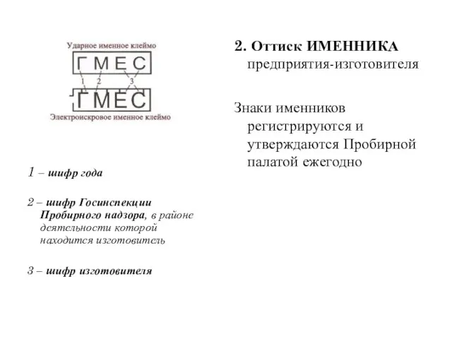 1 – шифр года 2 – шифр Госинспекции Пробирного надзора, в