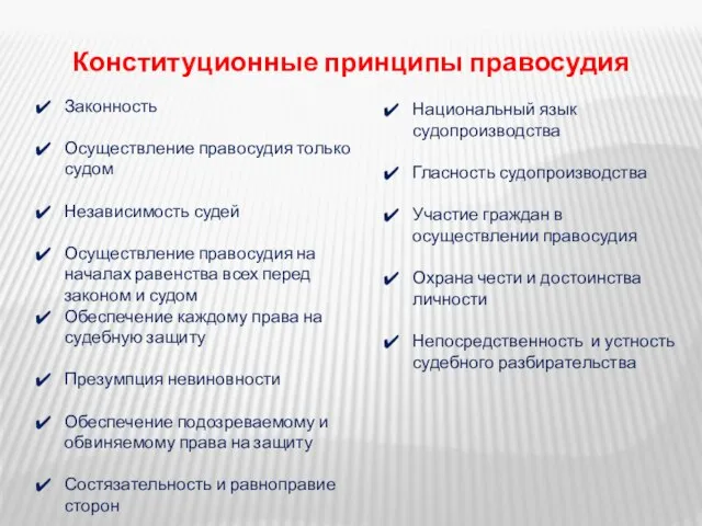 Конституционные принципы правосудия Законность Осуществление правосудия только судом Независимость судей Осуществление