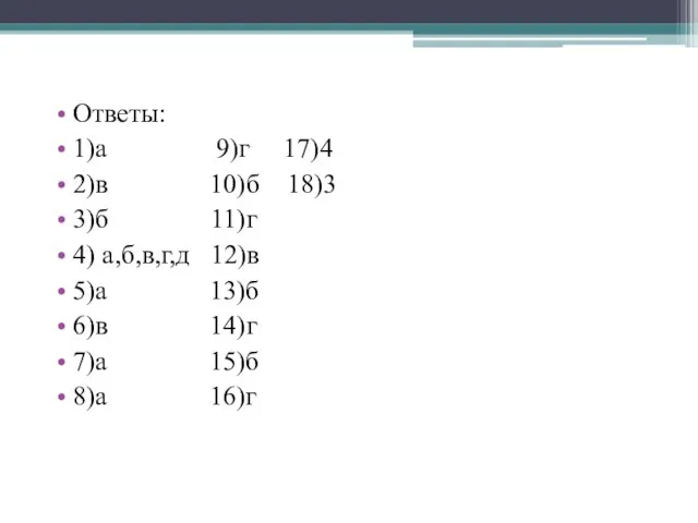 Ответы: 1)а 9)г 17)4 2)в 10)б 18)3 3)б 11)г 4) а,б,в,г,д