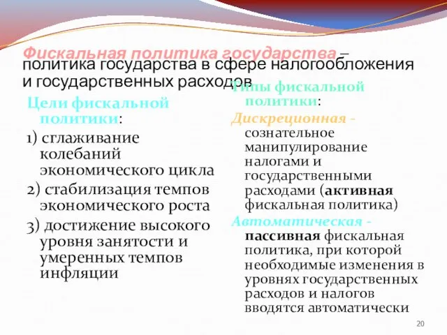 Фискальная политика государства – политика государства в сфере налогообложения и государственных