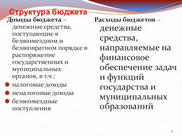 Структура бюджета Доходы бюджета – денежные средства, поступающие в безвозмездном и