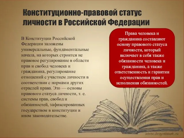 Конституционно-правовой статус личности в Российской Федерации В Конституции Российской Федерации заложены