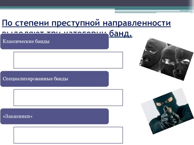 По степени преступной направленности выделяют три категории банд.