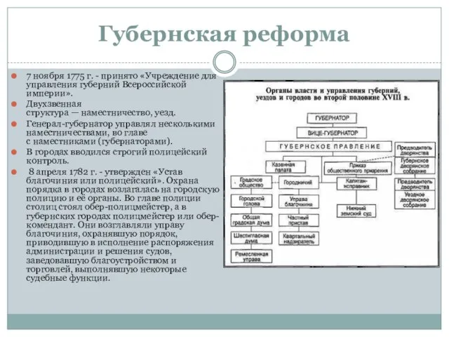 Губернская реформа 7 ноября 1775 г. - принято «Учреждение для управления