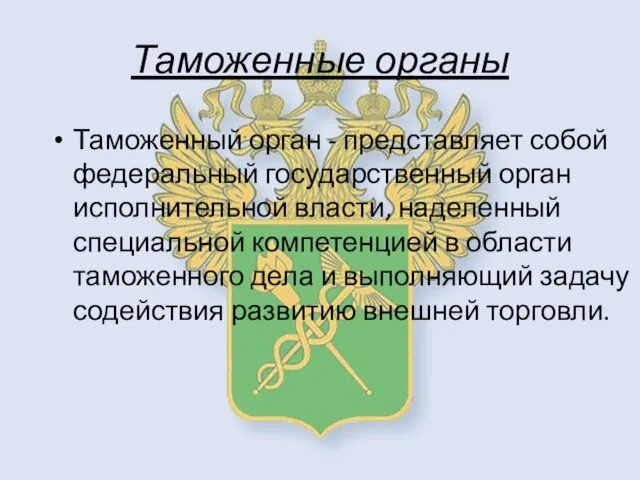 Таможенные органы Таможенный орган - представляет собой федеральный государственный орган исполнительной