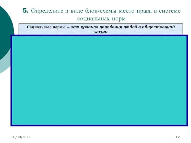 08/30/2023 5. Определите в виде блок-схемы место права в системе социальных