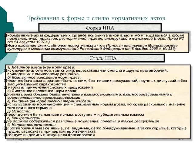 08/30/2023 Требования к форме и стилю нормативных актов Форма НПА нормативные