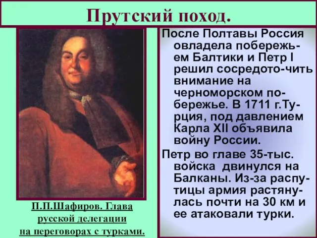 Прутский поход. После Полтавы Россия овладела побережь-ем Балтики и Петр I