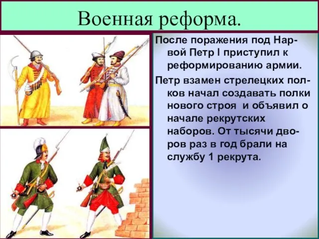 После поражения под Нар-вой Петр I приступил к реформированию армии. Петр