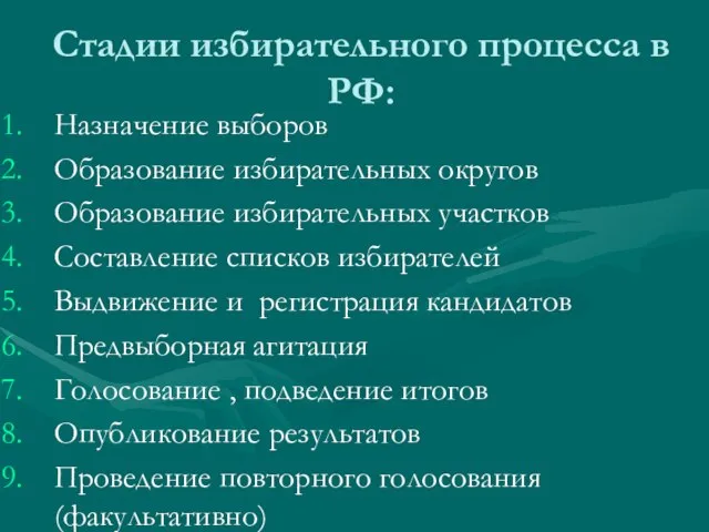 Стадии избирательного процесса в РФ: Назначение выборов Образование избирательных округов Образование