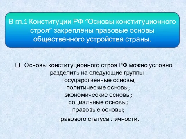 Основы конституционного строя РФ можно условно разделить на следующие группы :