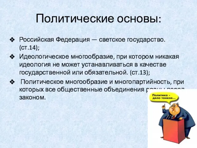 Политические основы: Российская Федерация — светское государство. (ст.14); Идеологическое многообразие, при