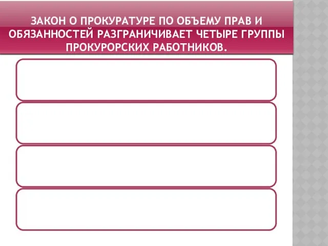 Закон о прокуратуре по объему прав и обязанностей разграничивает четыре группы прокурорских работников.