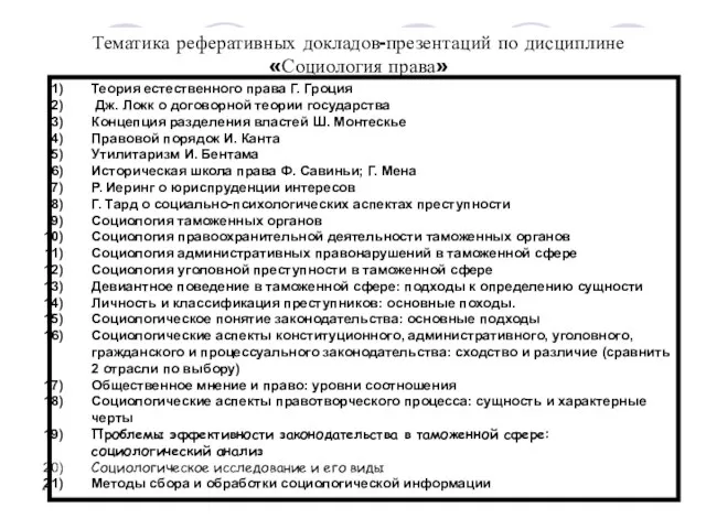 * Тематика реферативных докладов-презентаций по дисциплине «Социология права» Теория естественного права