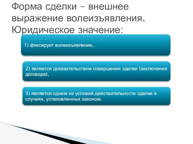 Форма сделки – внешнее выражение волеизъявления. Юридическое значение: 1) фиксирует волеизъявление,