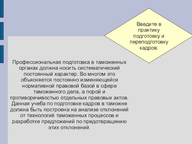 Введите в практику подготовку и переподготовку кадров. Профессиональная подготовка в таможенных