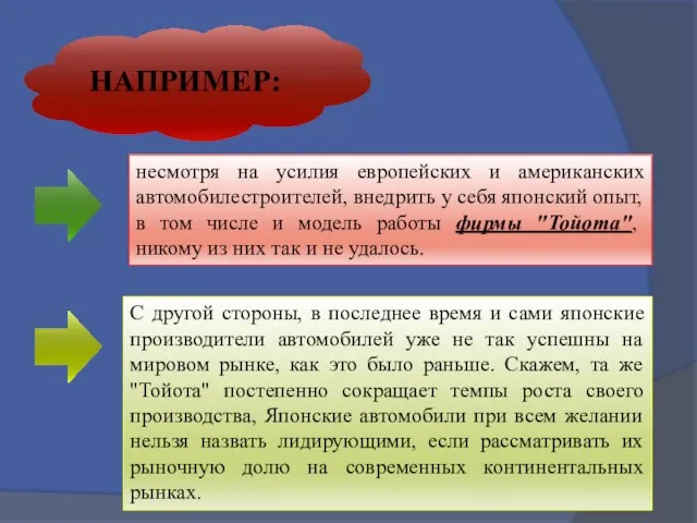 НАПРИМЕР: несмотря на усилия европейских и американских автомобилестроителей, внедрить у себя