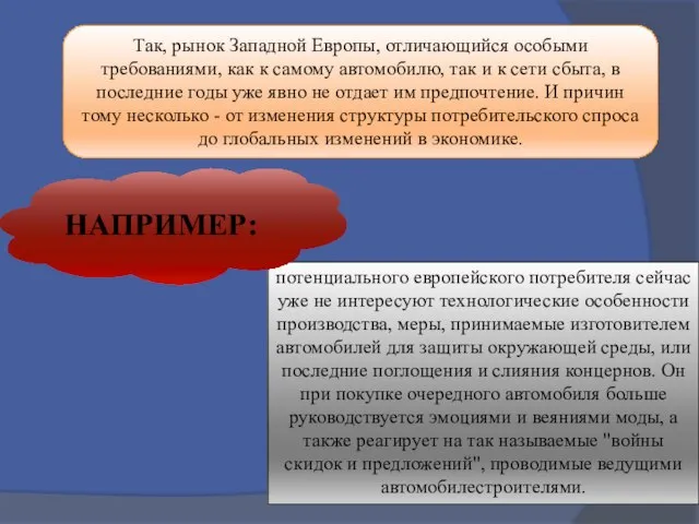 Так, рынок Западной Европы, отличающийся особыми требованиями, как к самому автомобилю,