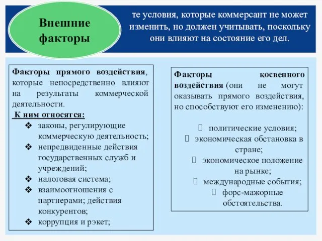 Внешние факторы те условия, которые коммерсант не может изменить, но должен